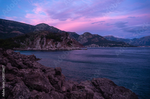 pink sky and sea in mountains of montenegro  