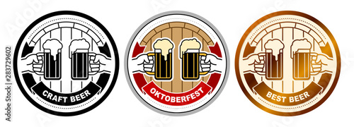 Set of beer coasters with hands clinking of glass mugs with foamy lager. Round beer mat with title Best, Craft Beer, Oktoberfest. Set of vector emblems, stickers for brewing in flat line graphic style