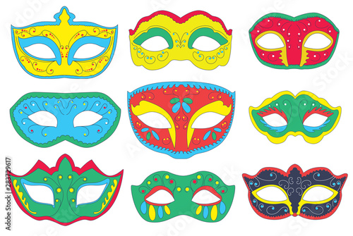 Bundle of carnival masks. Bright colorful face masks. EPS 10 vector editable illustration