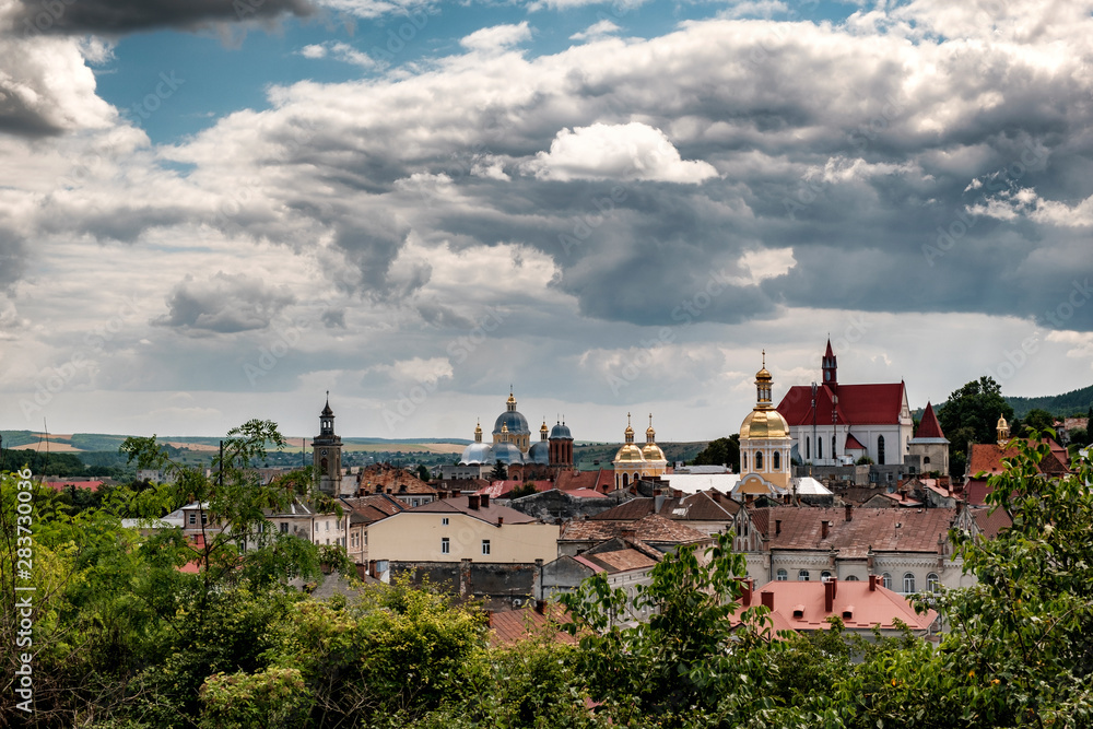 Fototapeta premium Panoramic summer view of Berezhany down town , Ternopil region, Ukraine. August 2019