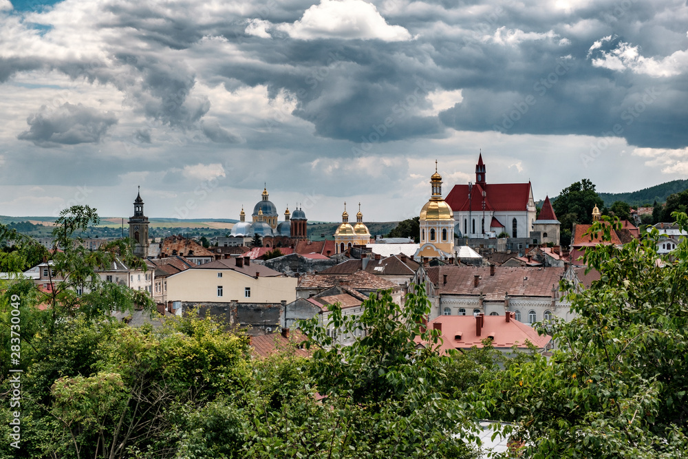 Panoramic summer view of Berezhany down town , Ternopil region, Ukraine. August 2019