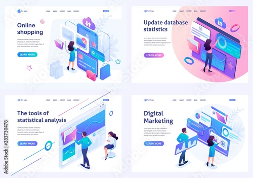 Set isometric landing pages, on the topics of online shopping, statistical analysis, digital marketing. For website and mobile apps development