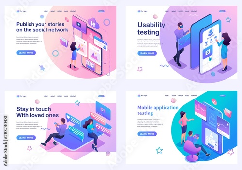 Set isometric landing pages, young people test and use mobile applications in social networks. For website and mobile apps development