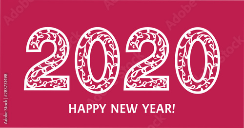 2020 New Year. Numbers design  for laser cutting, plotter cutting or printing.  Happy new year greeting card. Festive decoration template  with lace patterns.