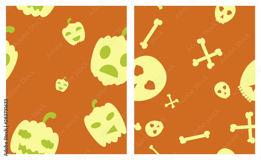 Set of Halloween festive pattern. Endless background with pumpkins, skulls, bats, spiders, ghosts, bones, candies, spider web Set of Halloween festive pattern. Endless background with pumpkins, skulls, bats, spiders, ghosts, bones, candies, spider web