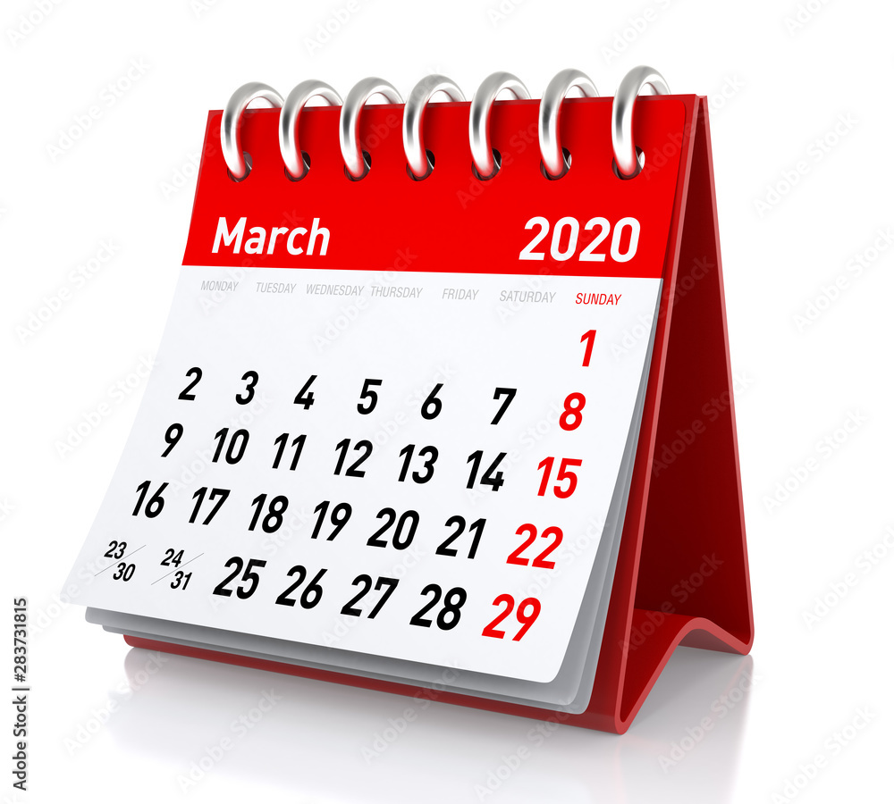 March 2020 Calendar. Isolated on White Background. 3D Illustration