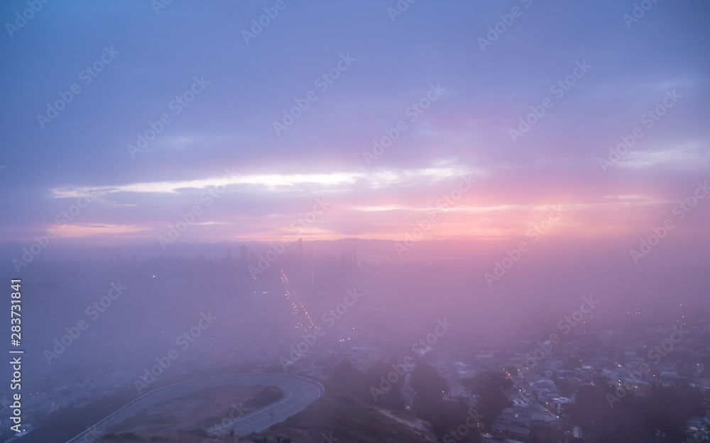 Wide Angle View of Downtown San Francisco With Dense Fog During Sunrise Wide Angle View of Downtown San Francisco With Dense Fog During Sunrise