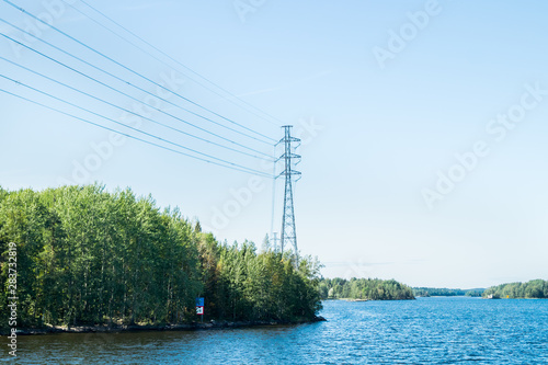 High-voltage line on the lake Saimaa. Lappeenranta, Finland.