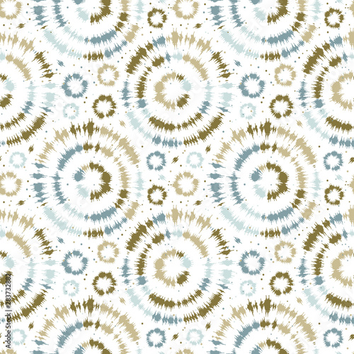 Seamless pattern tie dye shibori sunburst circle rings. White boho summer background. Vector textile swatch