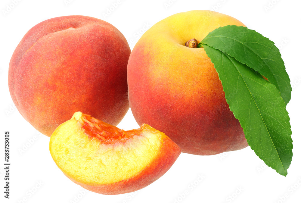 peach fruit with green leaves and slices isolated on white background peach fruit with green leaves and slices isolated on white background