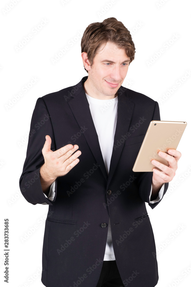 Portrait of handsome young businessman standing holding using tablet and checking email or shopping online, isolated on white background. Portrait of handsome young businessman standing holding using tablet and checking email or shopping online, isolated on white background.