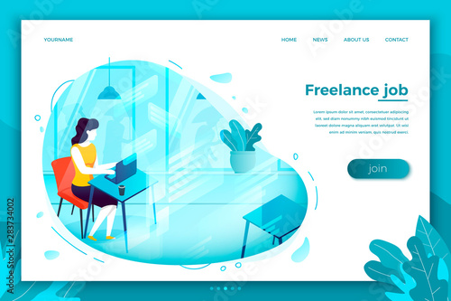 Vector concept illustration -  freelancer girl with notebook, easely working in cafe. Modern bright banner, site template with place for your text.