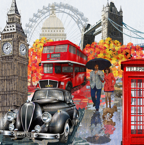 Obrazy Londyn  kolaz-symboli-londyn-taxi-czerwony-autobus-i-budka-telefoniczna-big-ben