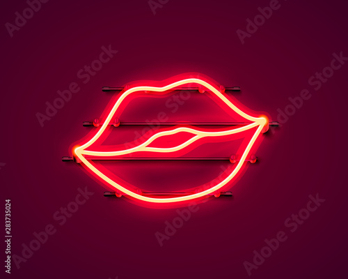 Neon kiss label sticker. Red sexy symbol banner.