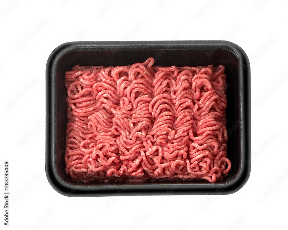 Package of raw minced meat isolated on white background. Package of raw minced meat isolated on white background.