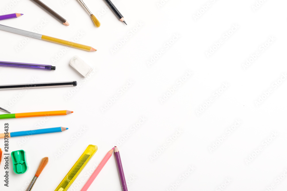 The concept of the teacher's day, School stationery, pencil, pen, note, Spectacles, tie in pen box on white background The concept of the teacher's day, School stationery, pencil, pen, note, Spectacles, tie in pen box on white background