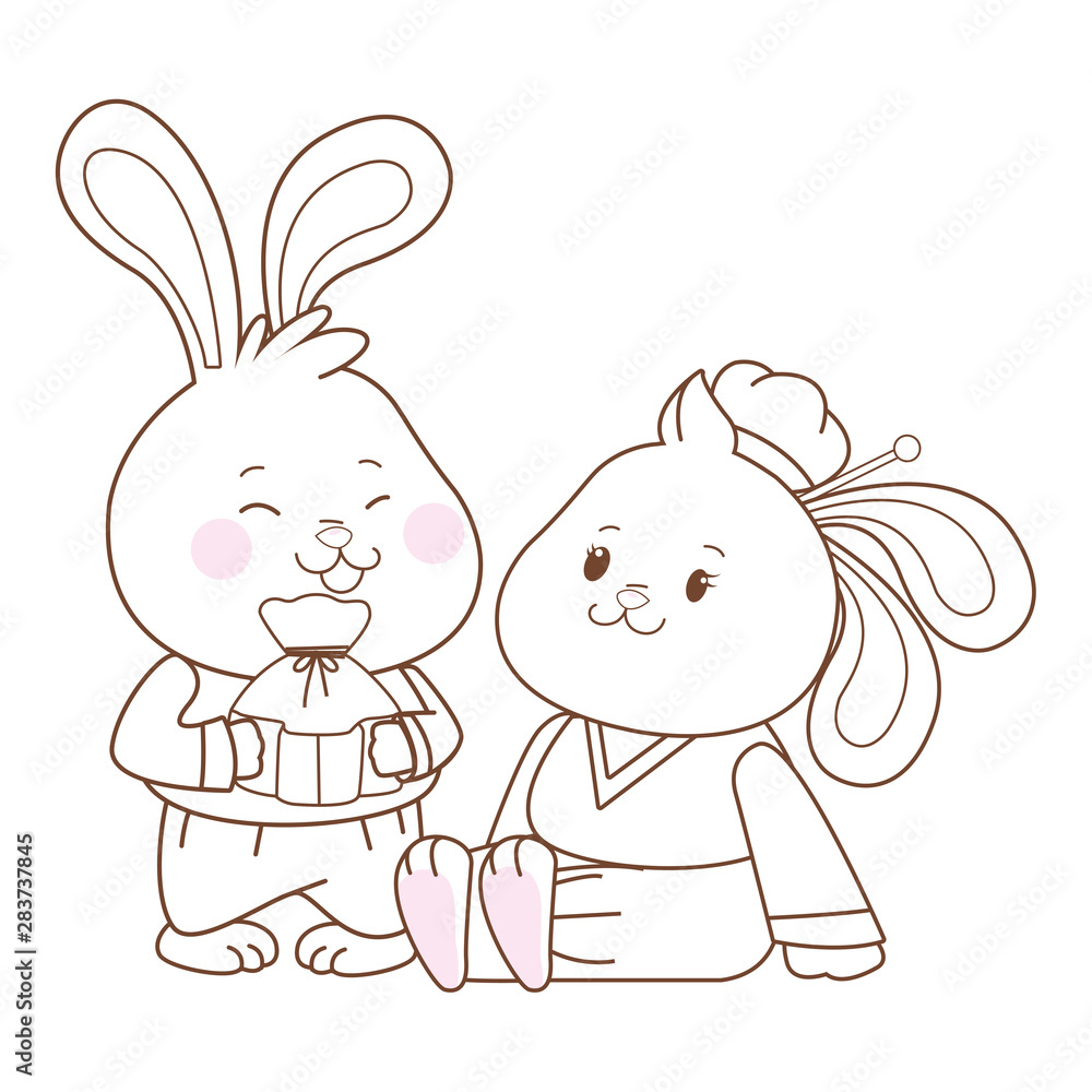 Rabbits in mid autumn festival cartoons in black and white Rabbits in mid autumn festival cartoons in black and white