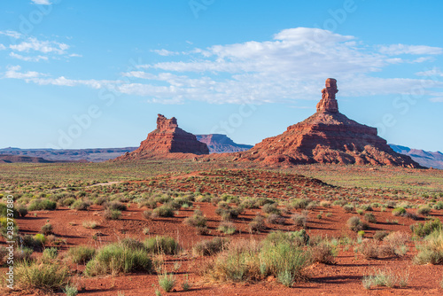 Valley of the Gods landscape of large red buttes and desert greenery in Bears Ears National Monument