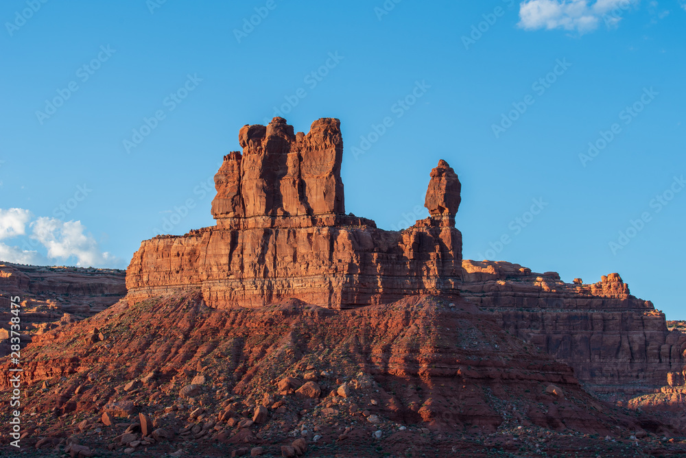Valley of the Gods in Utah low angle landscape of large vertical rock formations or buttes