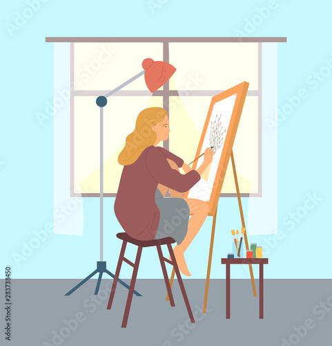 Person drawing images on canvas vector, hobby of woman on pastime human with brush. Paintbrush in hand of skilled artist, lady at home leisure interest