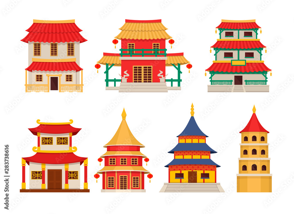 Traditional chinese buildings, asian architecture chinatown. Chinese townscape with pagoda, temple, house. China town city lanmarks landscape cartoon vector illustration design element