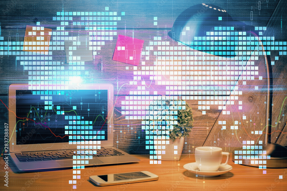 Double exposure of business theme icons and work space with computer background. Concept of success. Double exposure of business theme icons and work space with computer background. Concept of success.