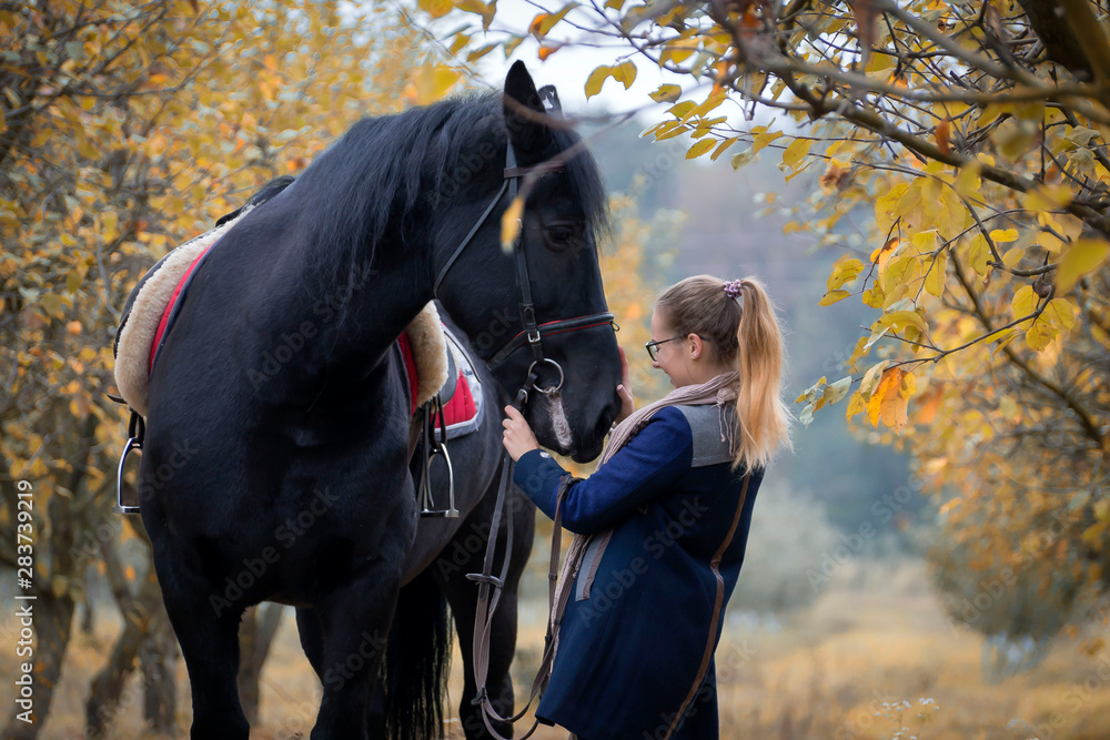 Obraz premium A young, beautiful girl on a walk with a horse in early autumn walks in the park.