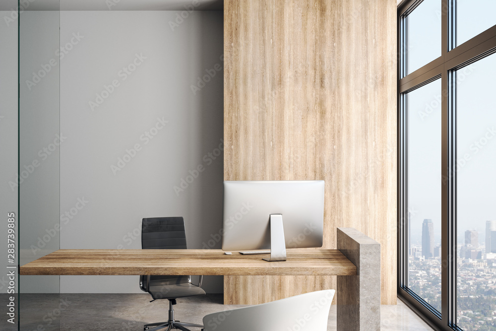 Loft style empty office with Wooden table and wall. - obrazy, fototapety, plakaty 