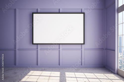 Blank white poster on lilac wall in new modern penthouse at sunrise.