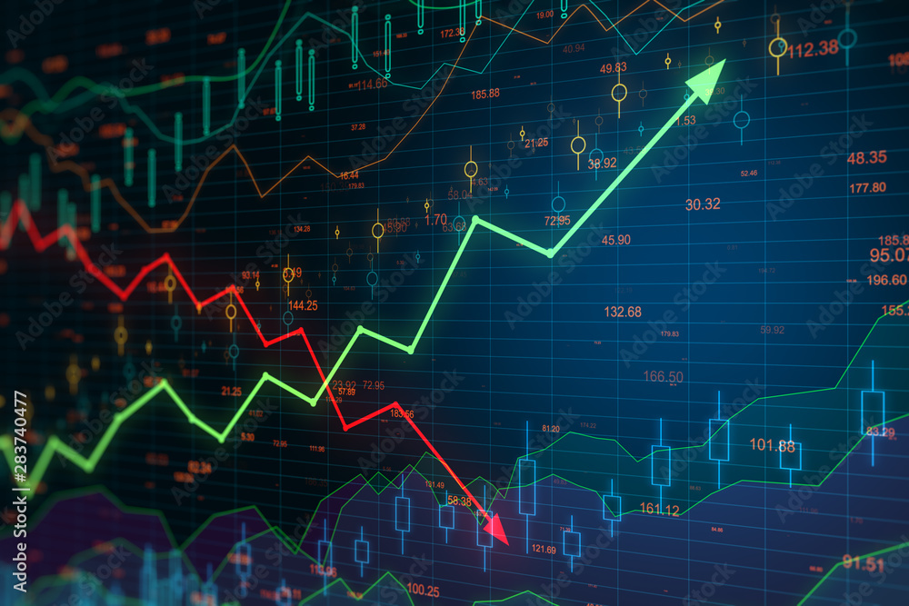 Business chart screen with green and red arrows and financial graphs. Business chart screen with green and red arrows and financial graphs.