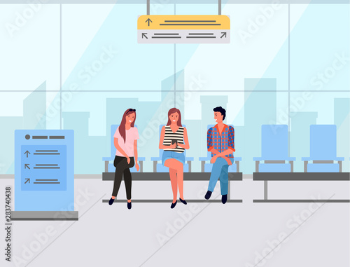 Man and woman sitting in waiting hall, travelers in airport. Smiling people in casual clothes sitting in terminal, passenger male and female indoor vector