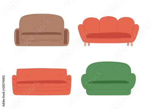 Sofa set decorations, soft seat with arms, colorful furniture isolated on white, empty armchairs in flat design style, indoor objects for sitting vector