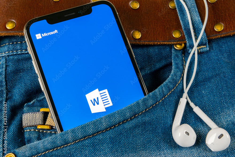 Sankt-Petersburg, Aprill 14, 2018: Microsoft word application icon on Apple  iPhone X screen close-up in jeans pocket. Microsoft office word icon.  Microsoft office on mobile phone. Social media Stock Photo | Adobe