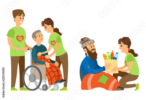 Volunteer caring of old man sitting in wheelchair, woman activist giving products to unemployed, volunteering to destitute and handicapped, help vector