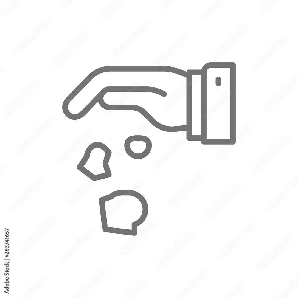 Hand throwing away garbage, crumpled paper line icon.