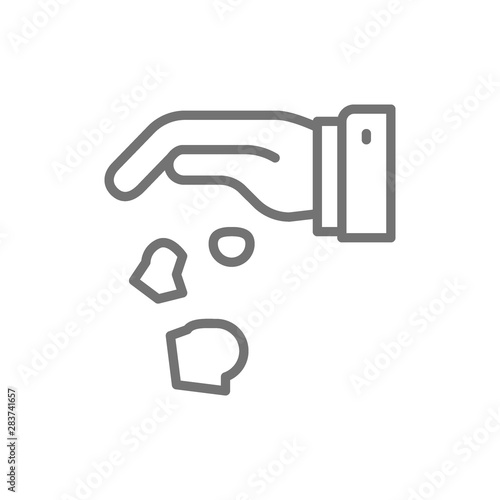 Hand throwing away garbage, crumpled paper line icon.