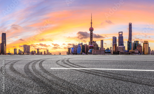Shanghai morning city landscape and asphalt road