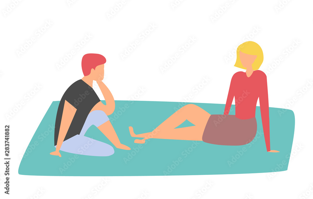 Friends spending time together, cartoon people sitting on carpet and talking. Vector two women discussing something on rug, isolated ladies flat stye