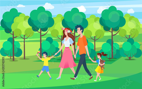 Father and mother with children in park vector, man and woman with son eating ice cream and daughter carrying plush toy in hands, foliage of trees © robu_s
