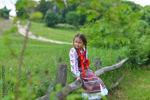 portrait of Ukrainian Beautiful girl in vyshivanka in green field of wheat . girl in embroidery photo