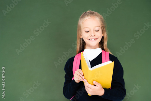 smiling schoolgirl reading book while standing near green chalkboard © LIGHTFIELD STUDIOS