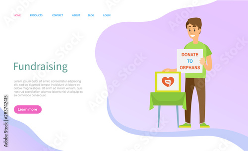 Donate to orphans online, social fundraiser, portrait view of volunteer character standing with donation poster and box, worker and support vector. Website or slider app, landing page flat style