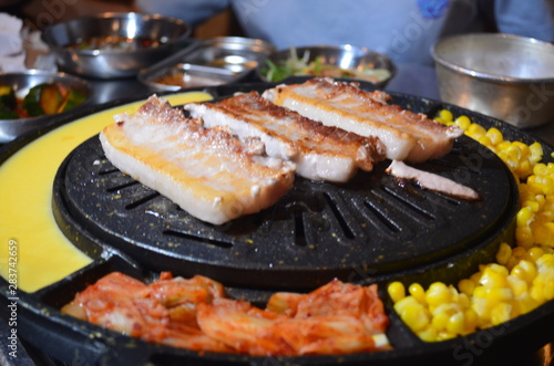 Korean Barbecue Pork Belly on Grill Cooked