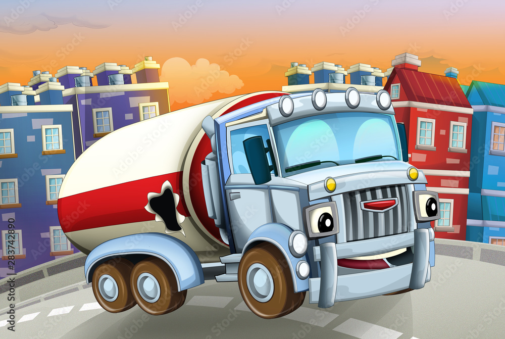 Fototapeta premium cartoon scene with police car and sports car car at city police station and policeman - illustration for children