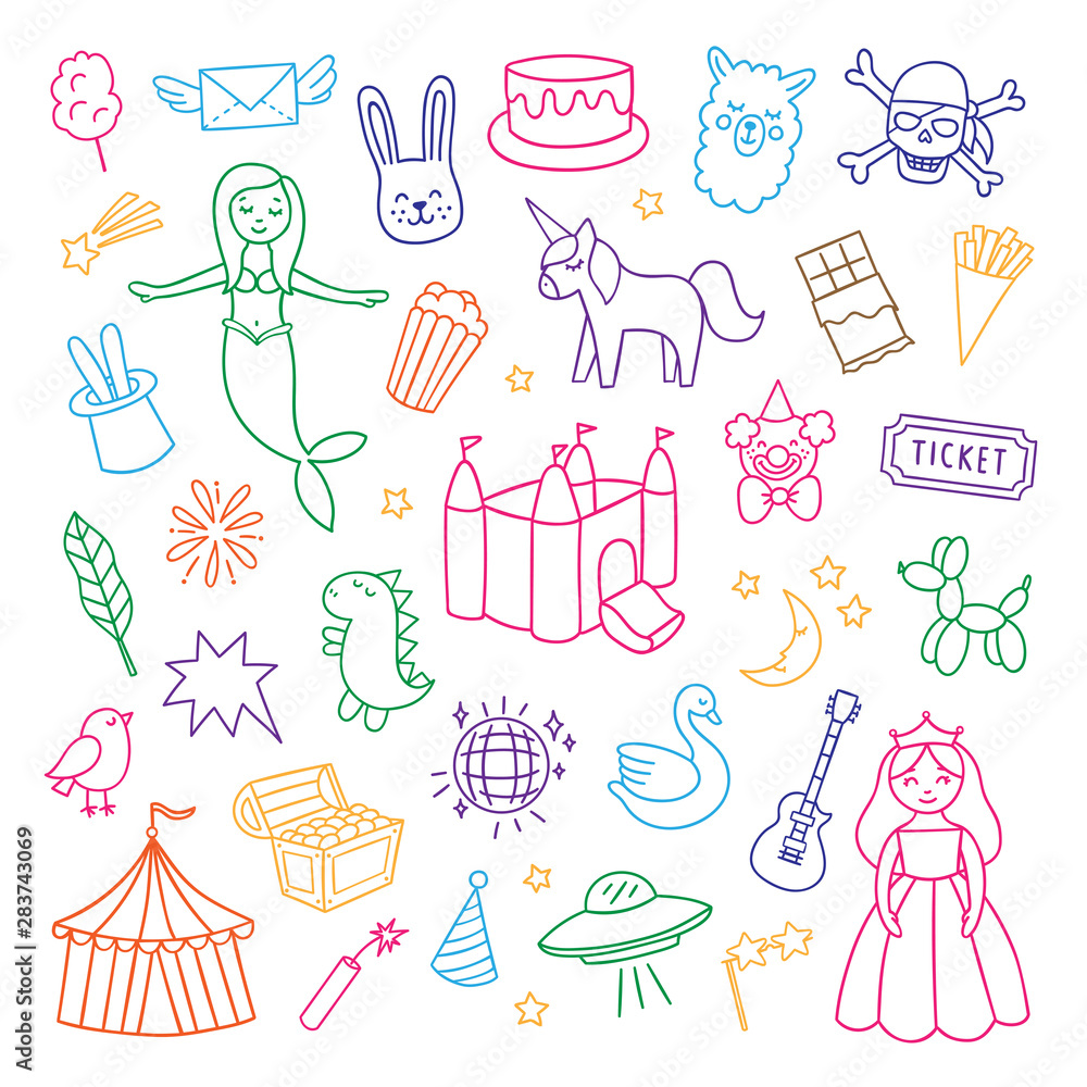 Funny vector illustrations for kids. Different childish elements for celebrations and party on white background