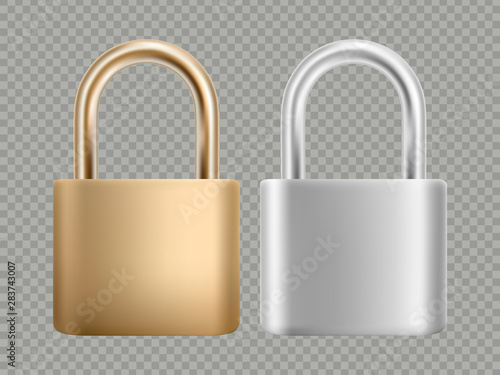 Padlock icon set. Steel and gold lock for protection privacy, web and mobile apps. Isoated on transparent background. EPS 10