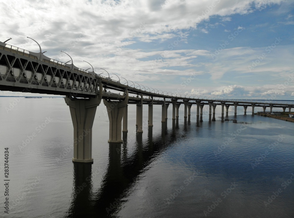 Highway bridge 2 levels in the sea.  Saint-Petersburg. Metal construction multilevel 