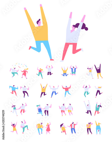 Happy people. Flat vector character set. People dancing and have fun.  Birthday party, celebration, event. Friendship. Couples.  Men and women enjoying dance party isolated on white.	