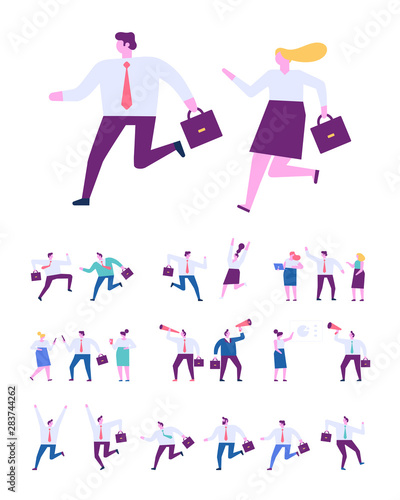 Collection of business people characters in different poses. Success, leadership. Business people running flat vector set. Business team competition. Flat vector characters isolated on white.