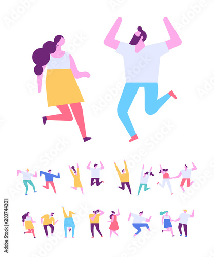Happy couple dancing and have fun. Man and woman together. Flat vector characters. Birthday party  student party  celebration  event. Happy people isolated on white background. 